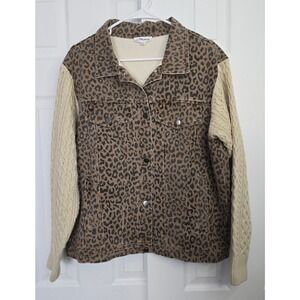 Macaron Cheetah Print Denim Jacket with Cable Knit Sleeves - Size Small